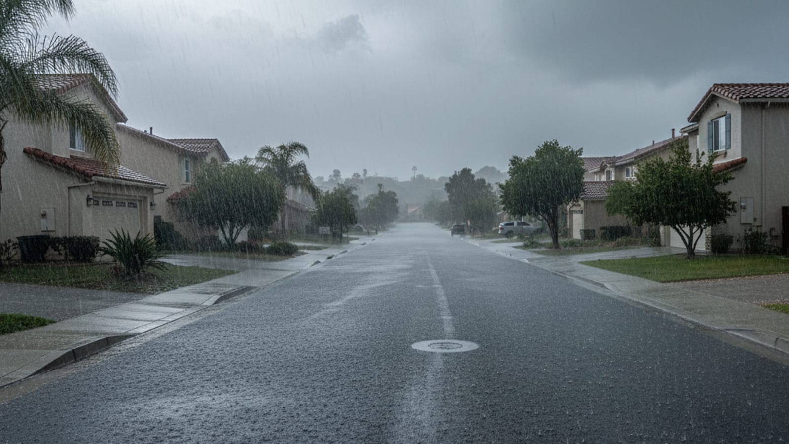 Heavy rain and runoff during an atmospheric river storm in a San Diego County residential neighborhood