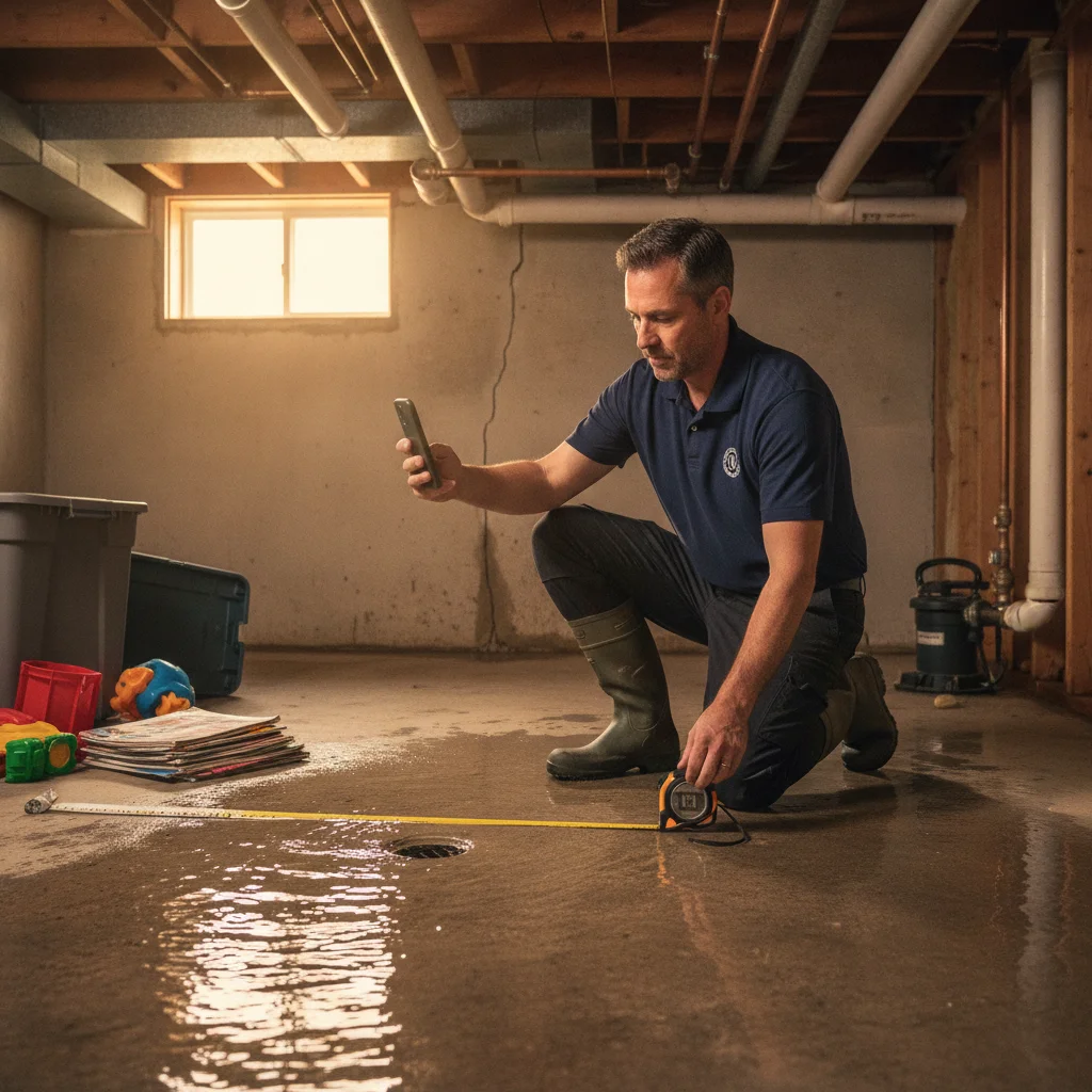 A La Jolla homeowner documenting shallow basement flooding before cleanup
