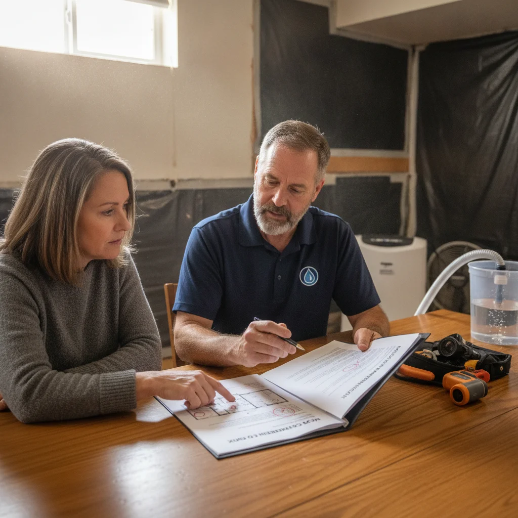 A Vista homeowner reviewing a written basement mold remediation scope with an independent local professional