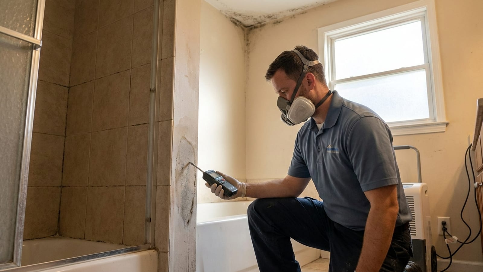 Mold growth along a bathroom ceiling and grout lines in a San Diego home, with a technician inspecting the source of moisture behind the wall