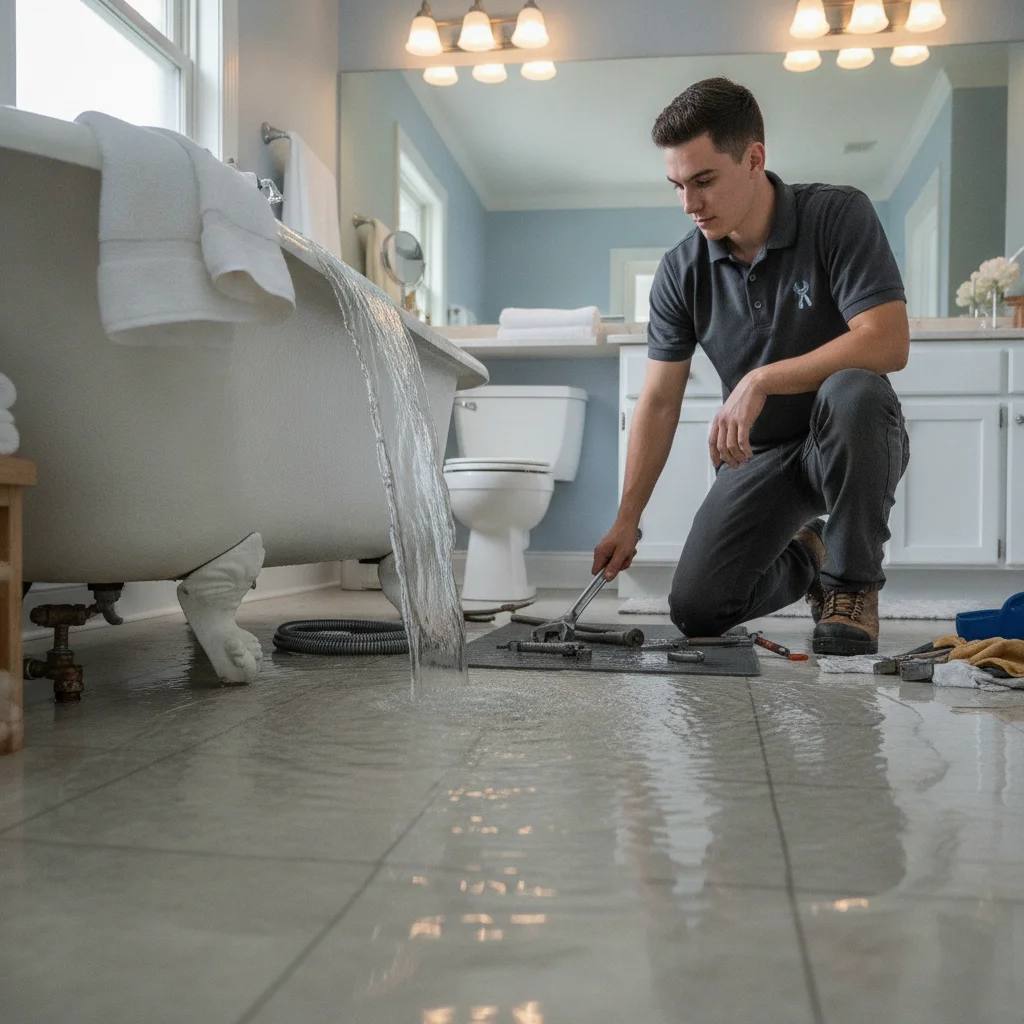 Water spreading from an overflowing bathtub across a bathroom floor