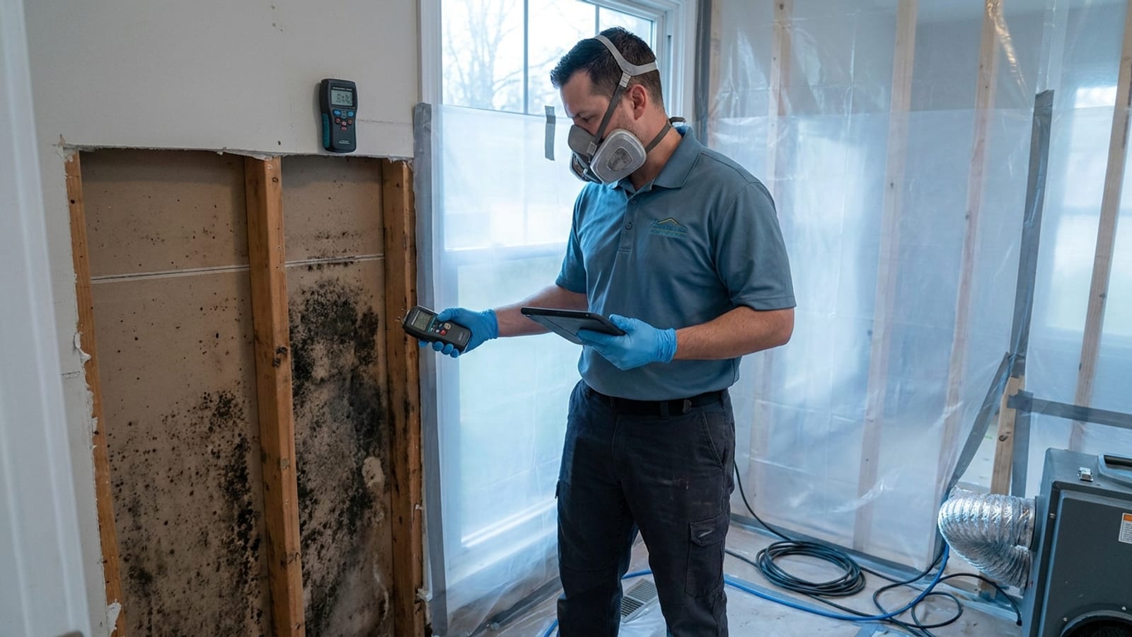 Dark mold growth on a wall cavity exposed during inspection, with a technician in a respirator and containment sheeting in the background