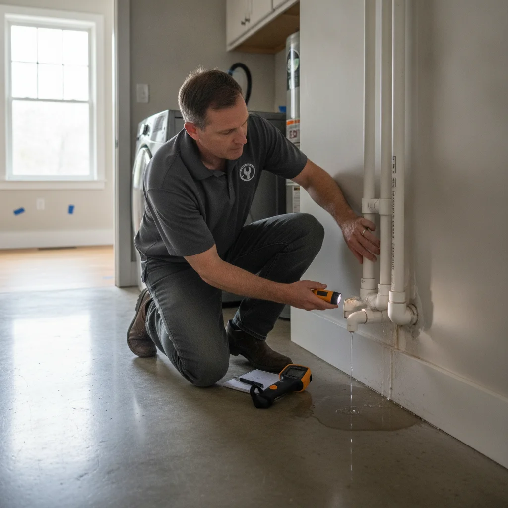 An independent professional assessing flooring, walls, and adjoining areas inside a rental home