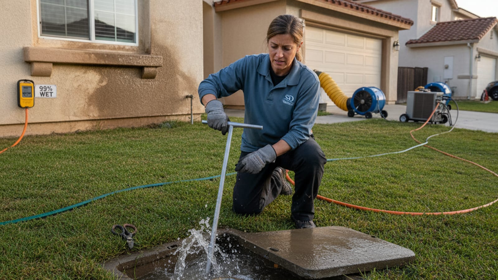 San Diego homeowner closing a main water shutoff valve at the meter during an active pipe burst emergency
