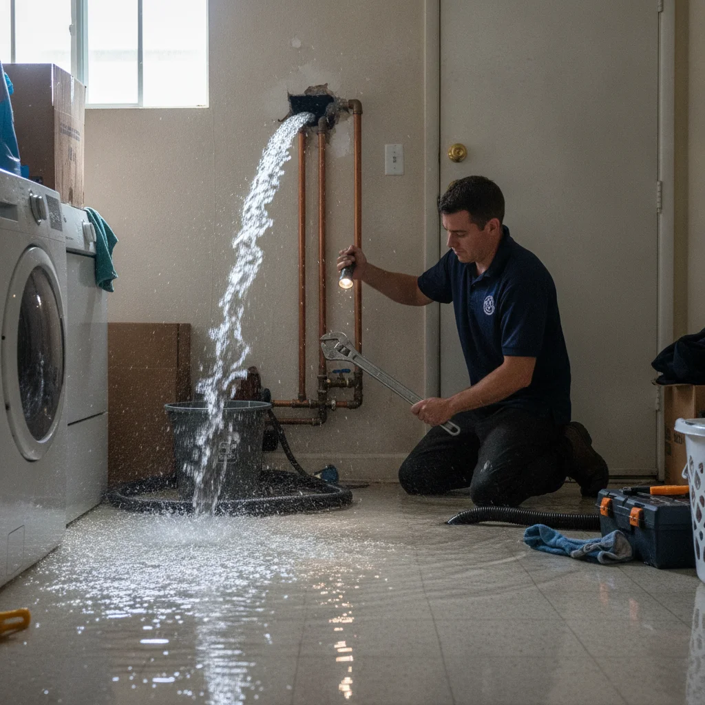 Water spreading from a visible burst pipe inside a Poway home before cleanup begins