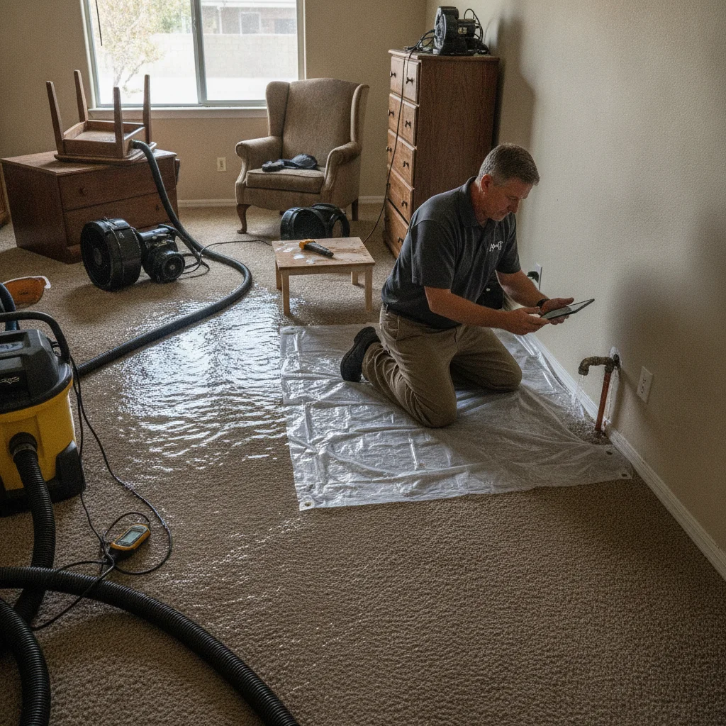 Wet carpet in an El Cajon rental being documented before cleanup