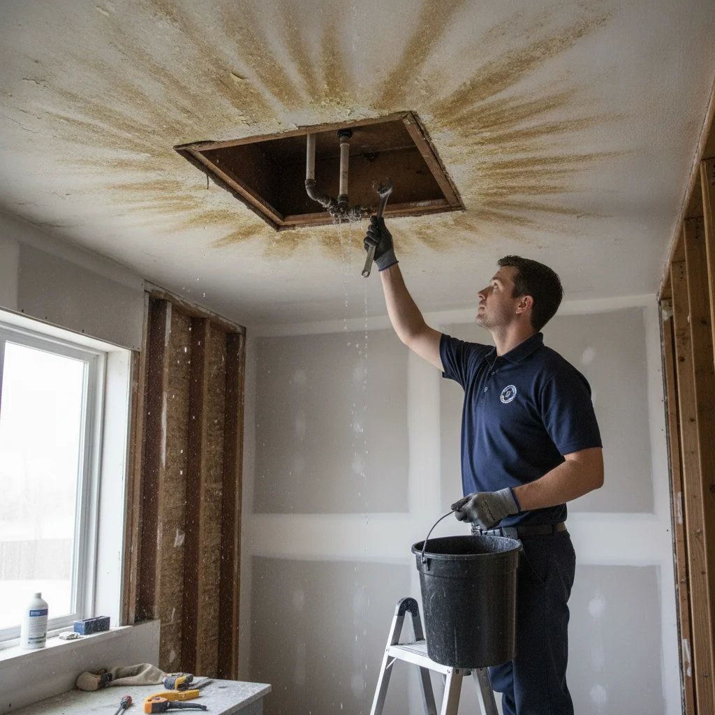 Water-stained ceiling below an upstairs shower