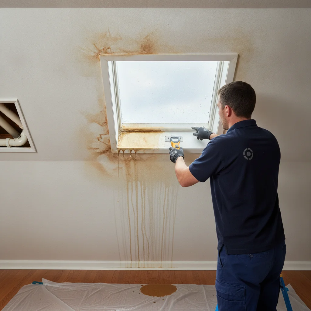 Stained residential ceiling around a skylight after rain