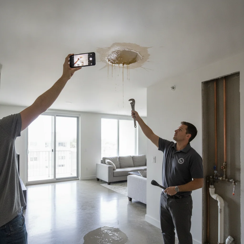 A condo owner documenting a water stain on the ceiling