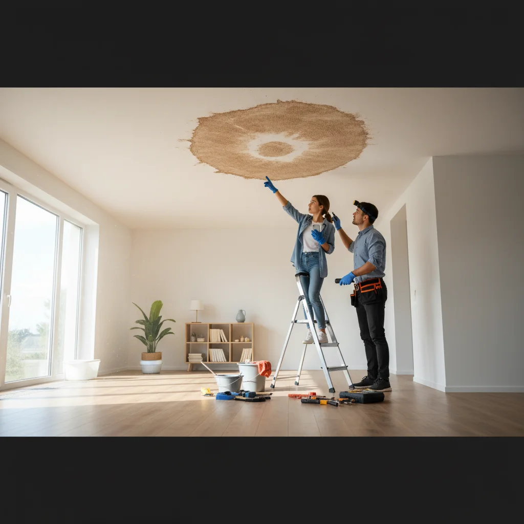 Two people inspect a ceiling stain caused by an overflowing AC condensate line