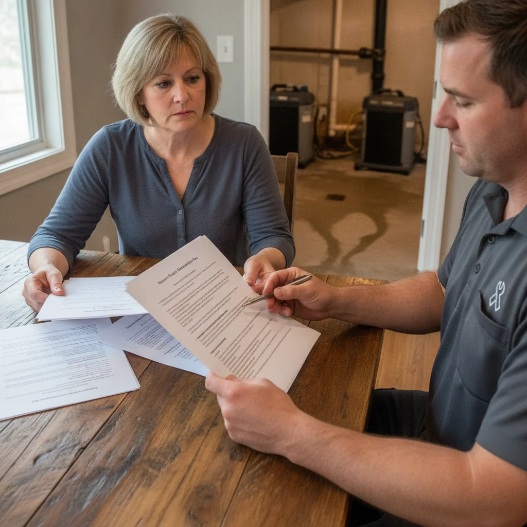 Homeowner comparing written basement flood cleanup scopes