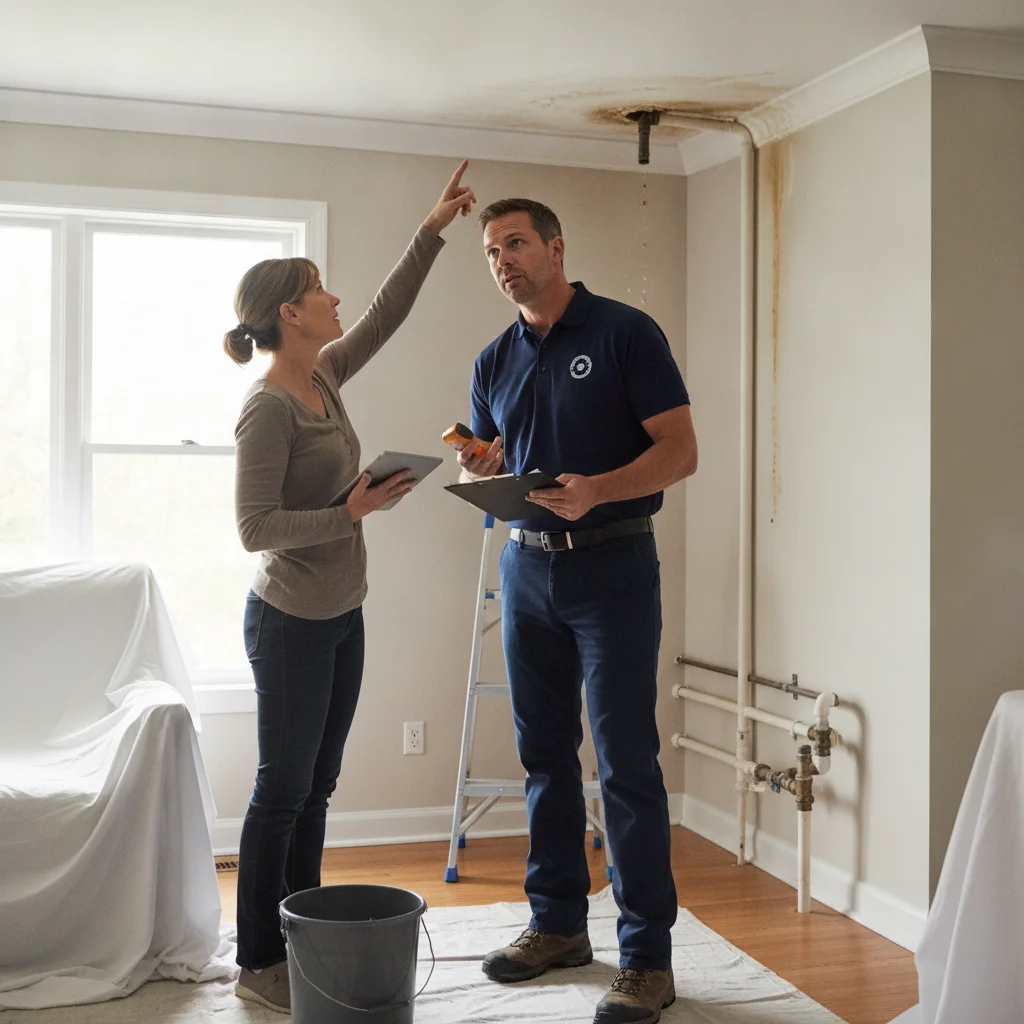 A homeowner reviewing a ceiling water damage scope with an independent local professional