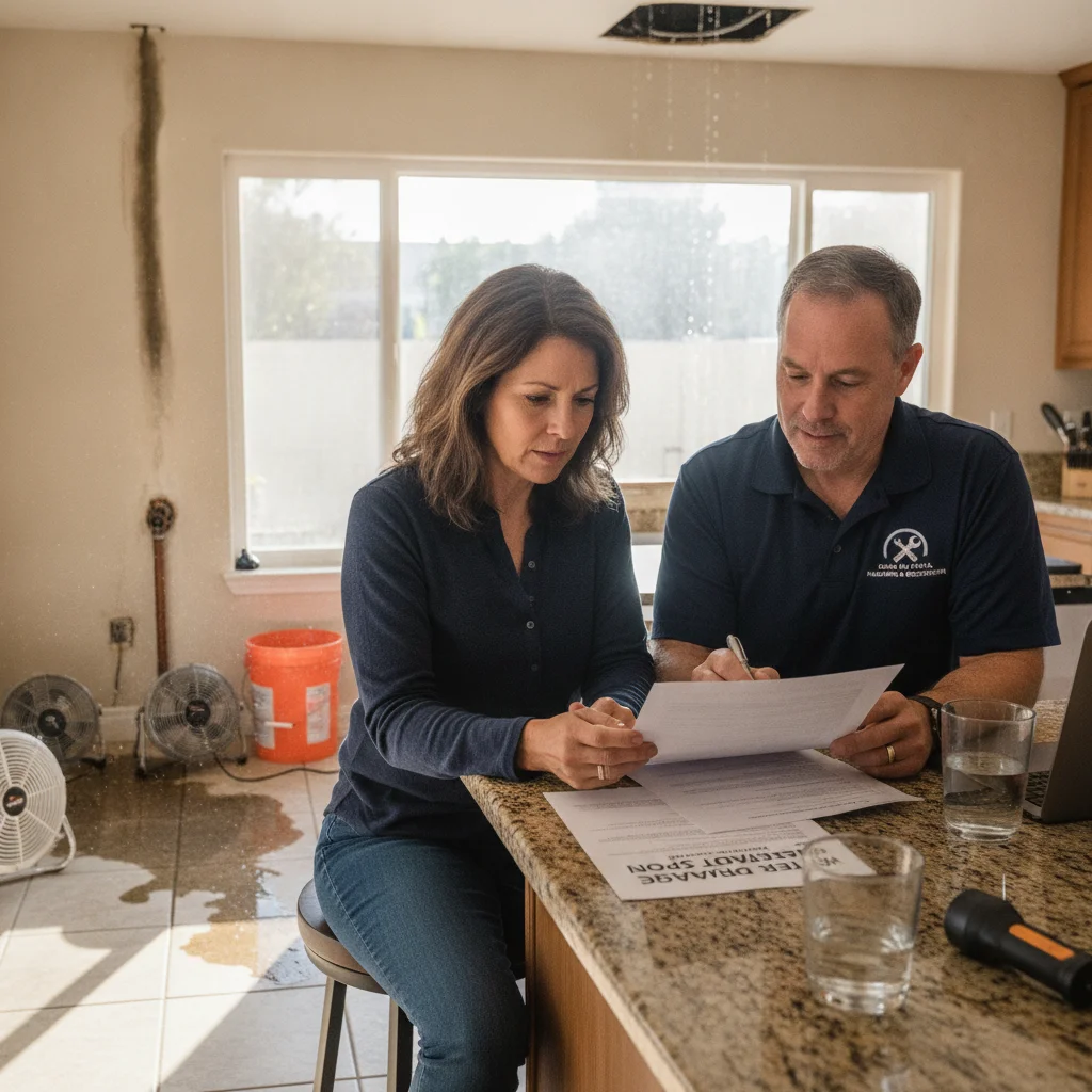 A Chula Vista homeowner reviewing a written water damage scope with an independent local professional