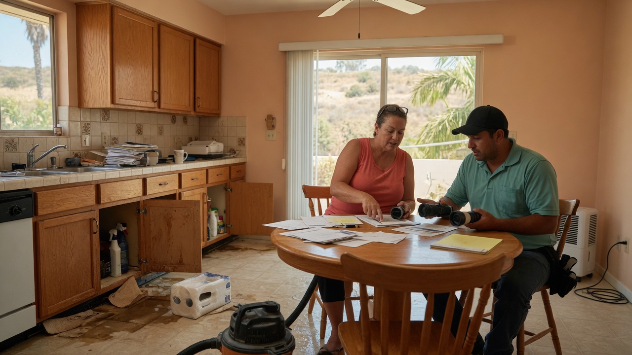 Two written burst pipe cleanup scopes on a table in a wet San Diego kitchen