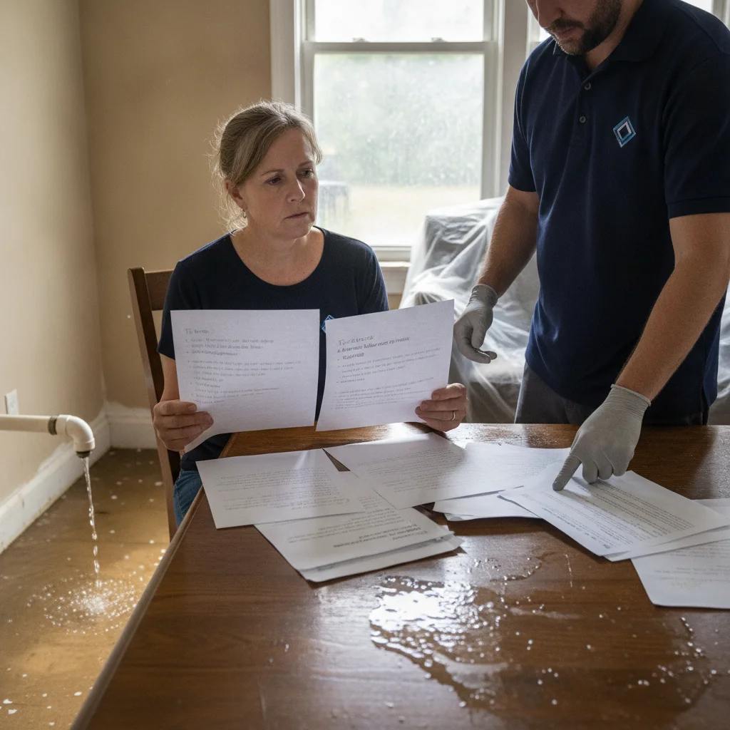 A homeowner reviewing written flood cleanup scopes from local professionals