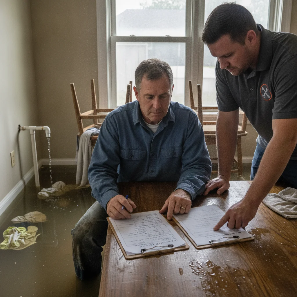 A homeowner comparing two written estimates side by side on a dining table in a flood-damaged home