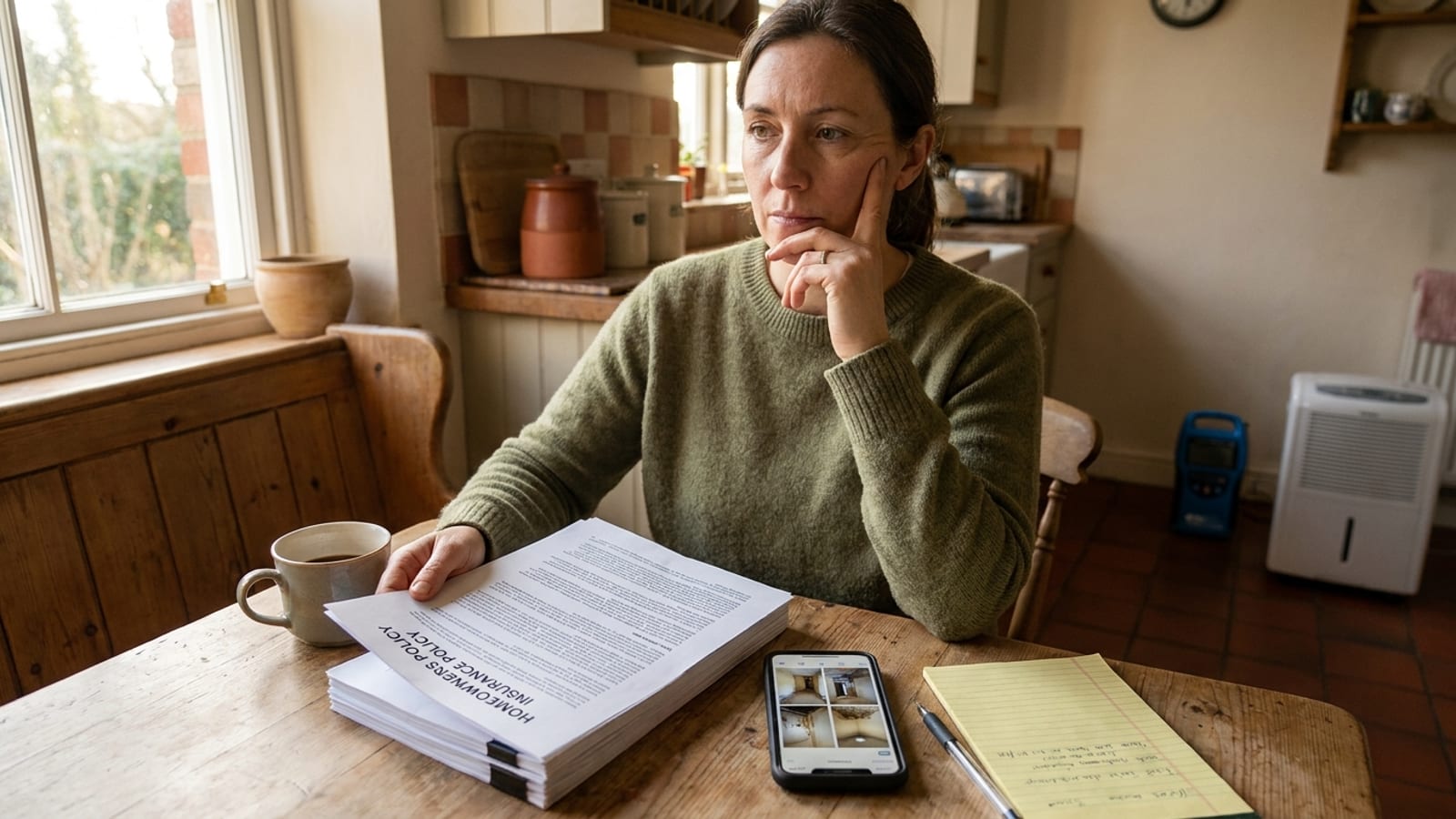 A San Diego homeowner reviewing an insurance policy document at a kitchen table next to photos of water damage