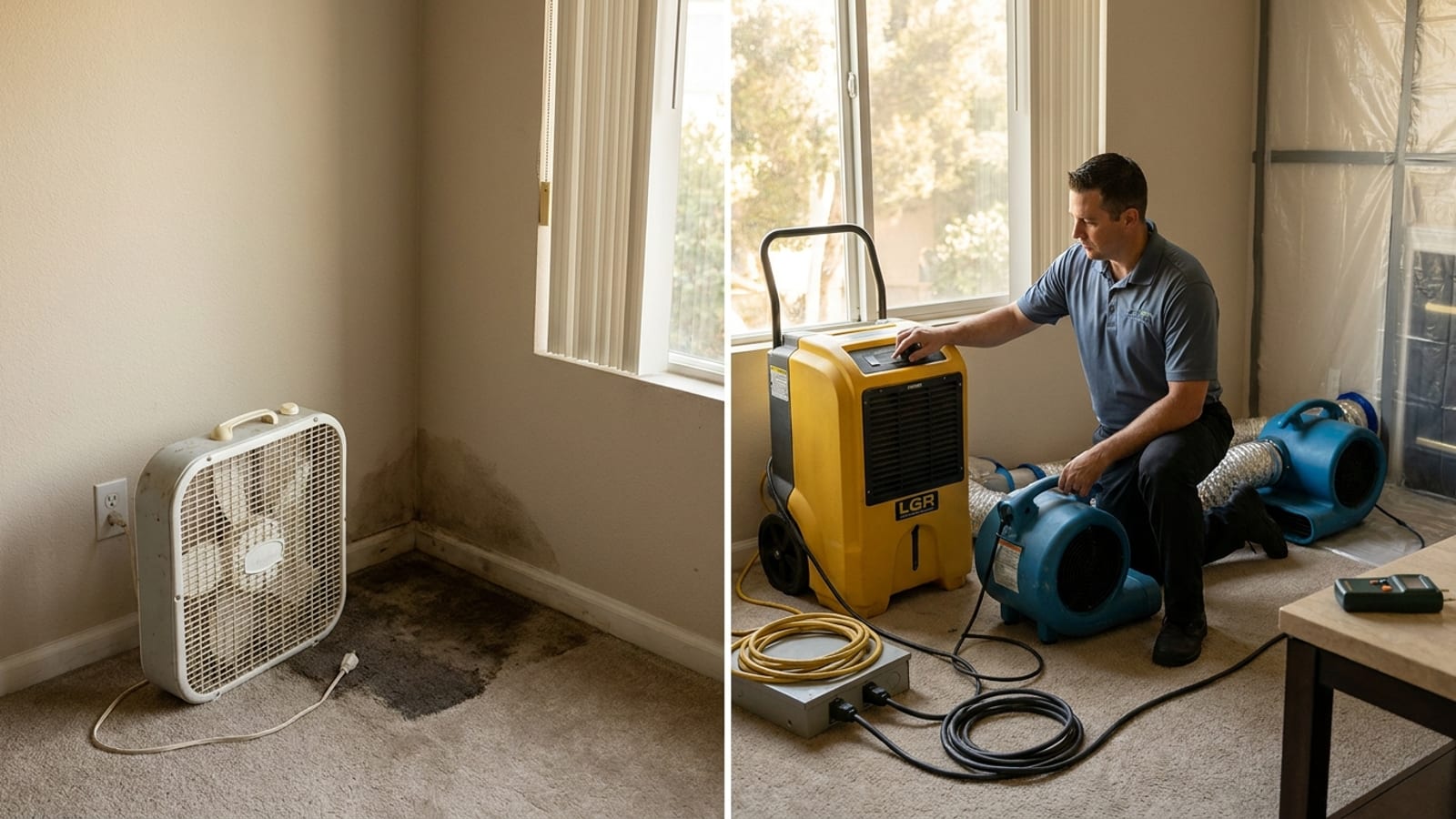 A homeowner with a household fan beside a professional restoration setup of commercial air movers and a dehumidifier, comparing DIY to professional drying