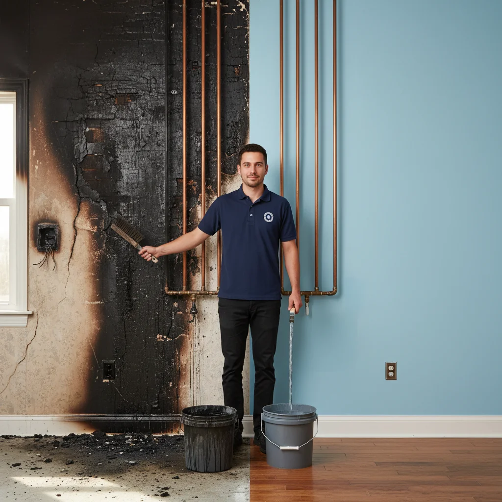 A split image showing a sooty, fire-damaged wall on the left and the same wall fully restored and painted on the right.