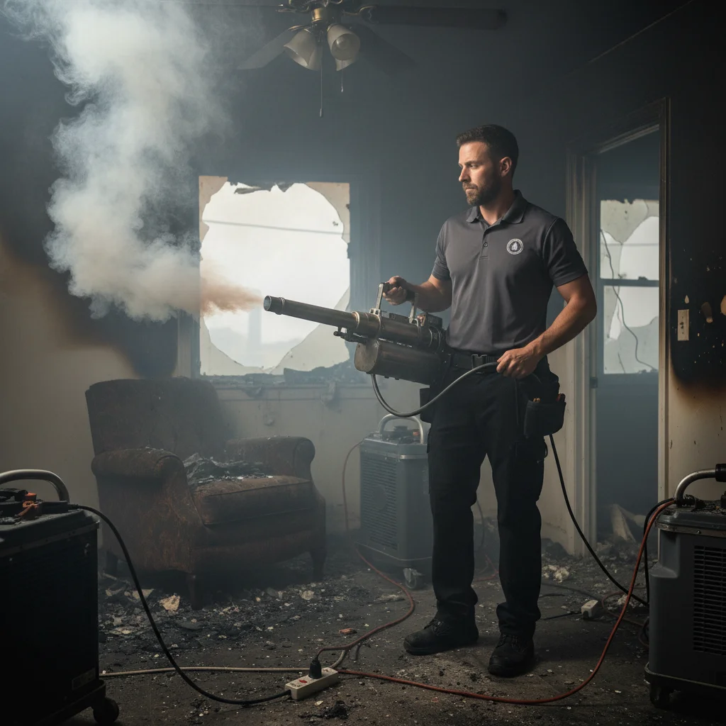 A restoration technician uses a thermal fogger to eliminate smoke odor from a living room.