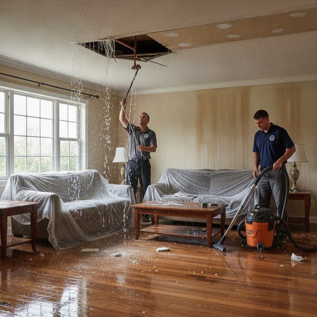 Water damage in a room after a ceiling sprinkler discharge