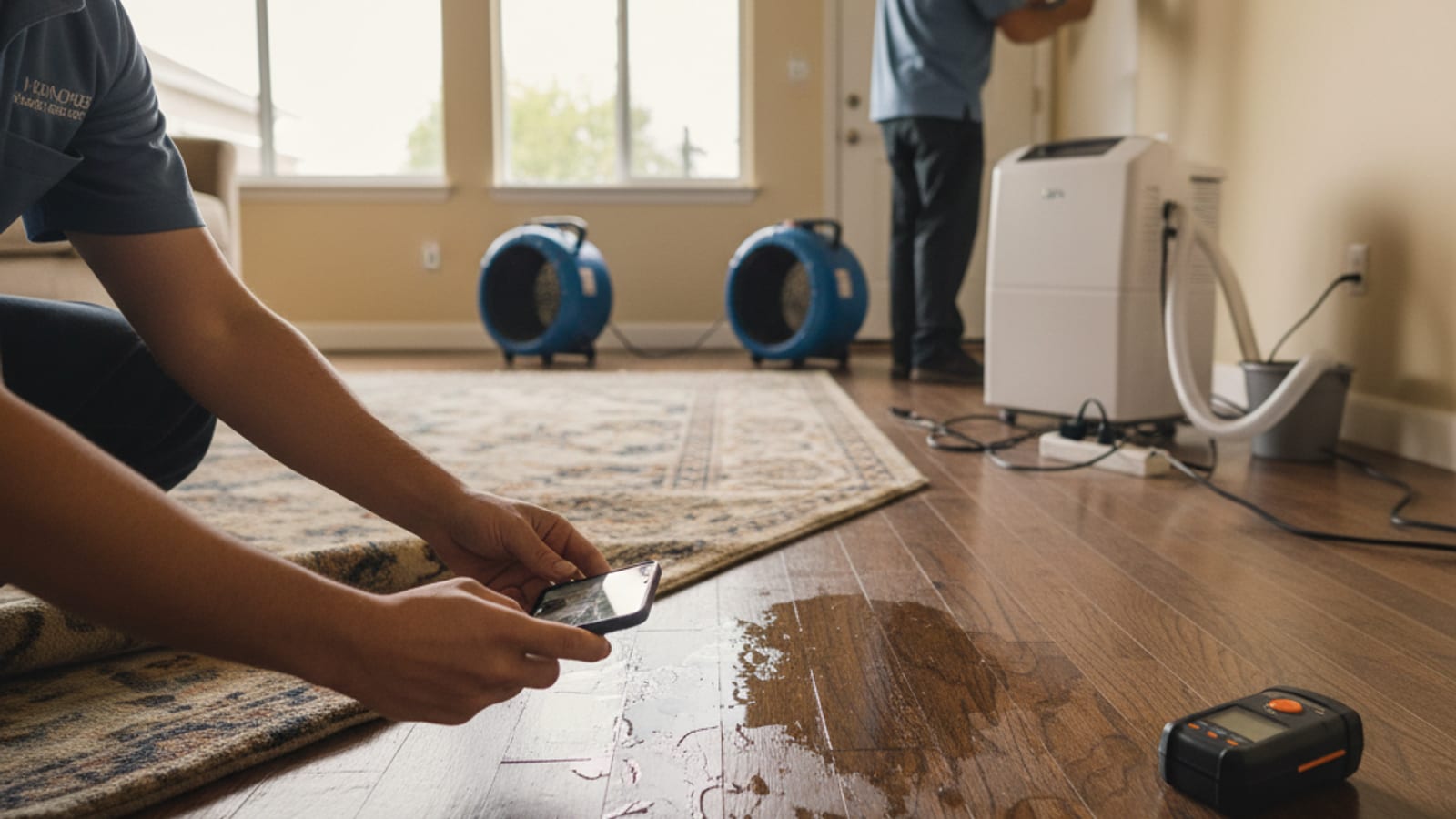 San Diego homeowner photographing water damage on a hardwood floor with a smartphone for an insurance claim