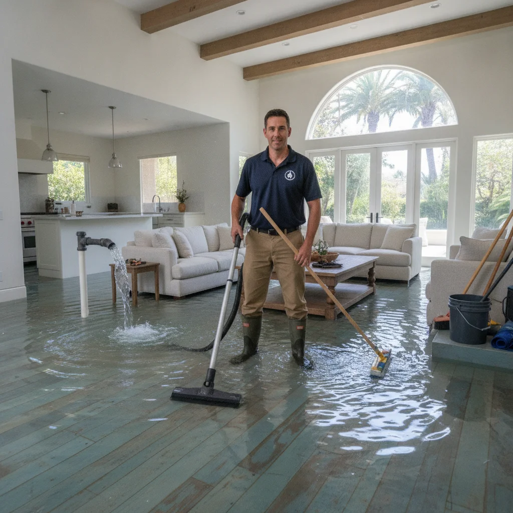 Shallow indoor water on a Del Mar home floor before cleanup begins