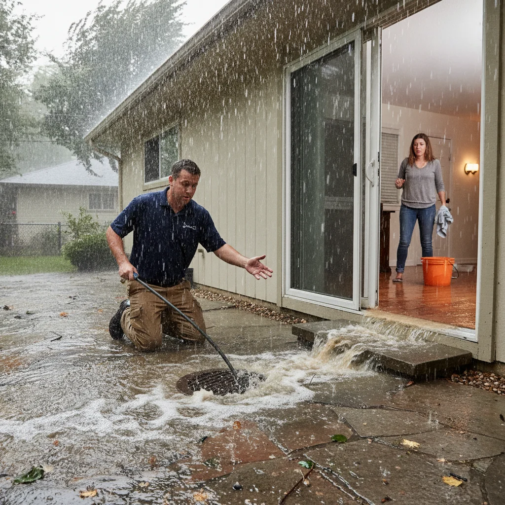 Rainwater entering a home near an overwhelmed exterior patio drain during a storm