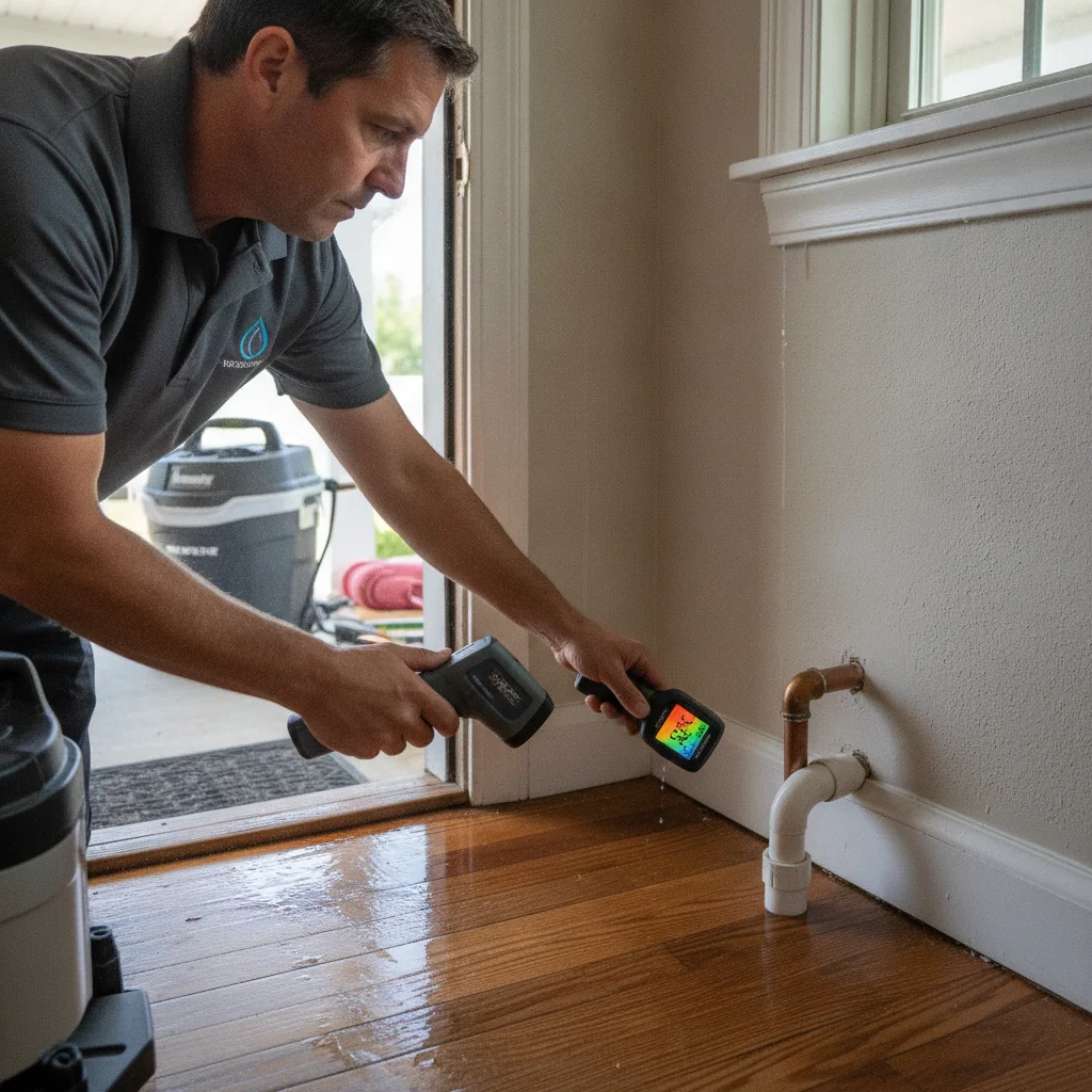 An independent restoration professional tracing moisture from an exterior doorway into flooring and a nearby wall