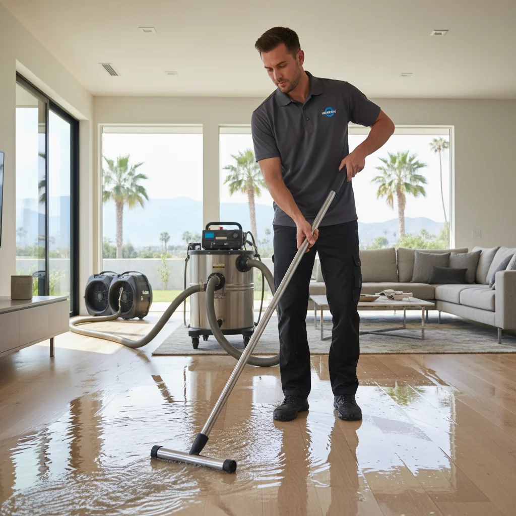 A professional restoration technician from Restore Pro SD performs flood damage cleanup in a Chula Vista home.