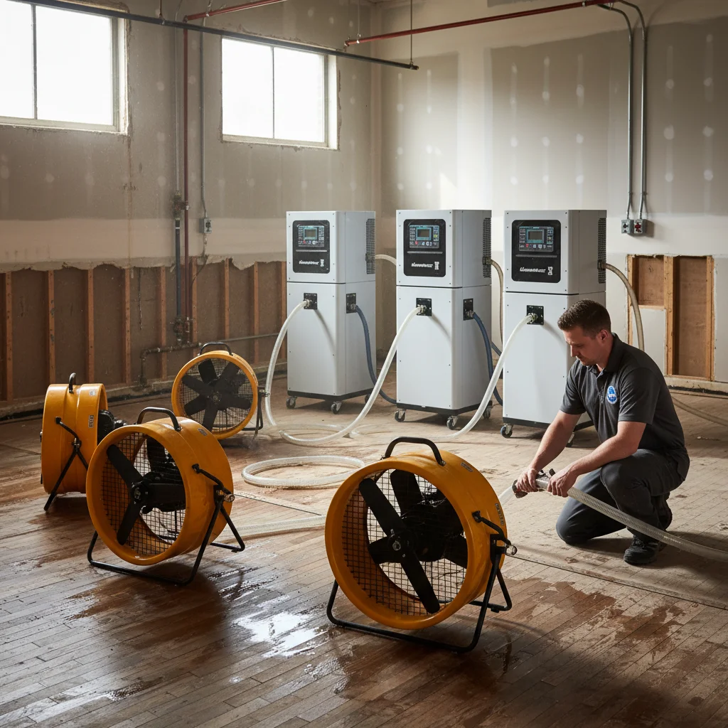 An array of commercial-grade air movers and dehumidifiers set up in a room, actively drying the space.