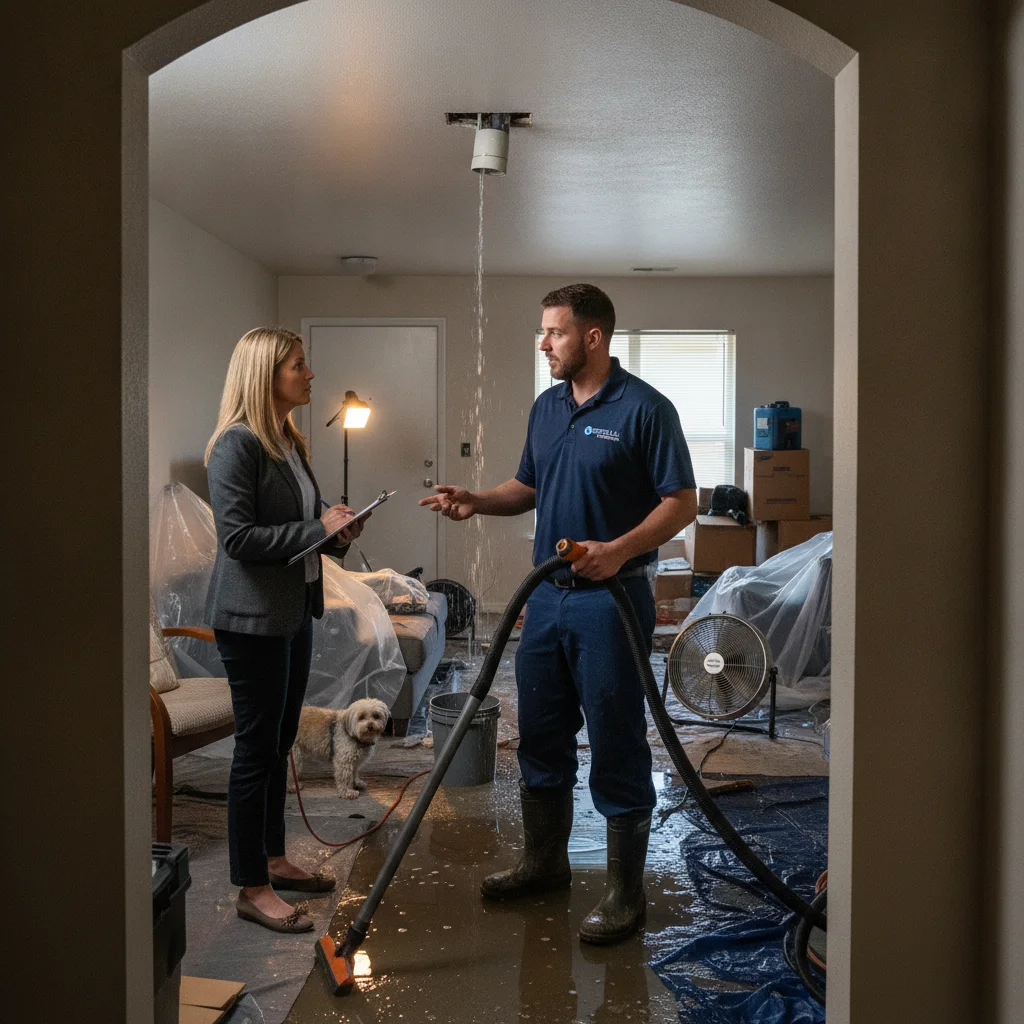 A property owner and a restoration professional talking in the doorway of an occupied unit during cleanup