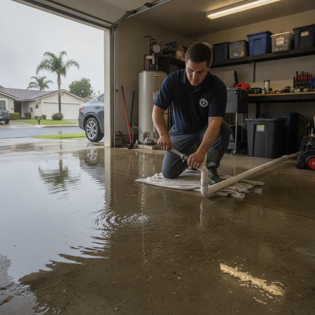 A San Diego garage with shallow rainwater across the concrete floor