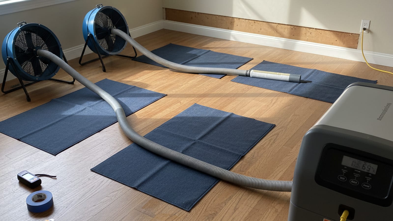 Cupped hardwood floor boards in a San Diego home being dried with floor mats and a dehumidifier after a water leak