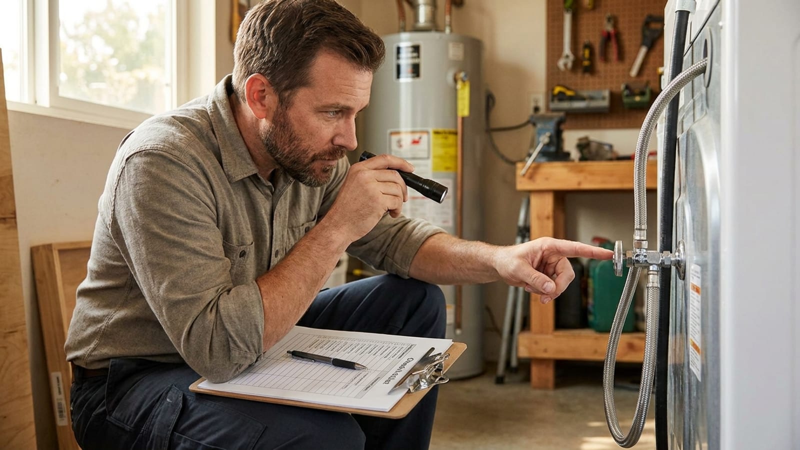 A homeowner checking a braided steel washing machine supply line and water shutoff valve as part of a home water damage prevention checklist