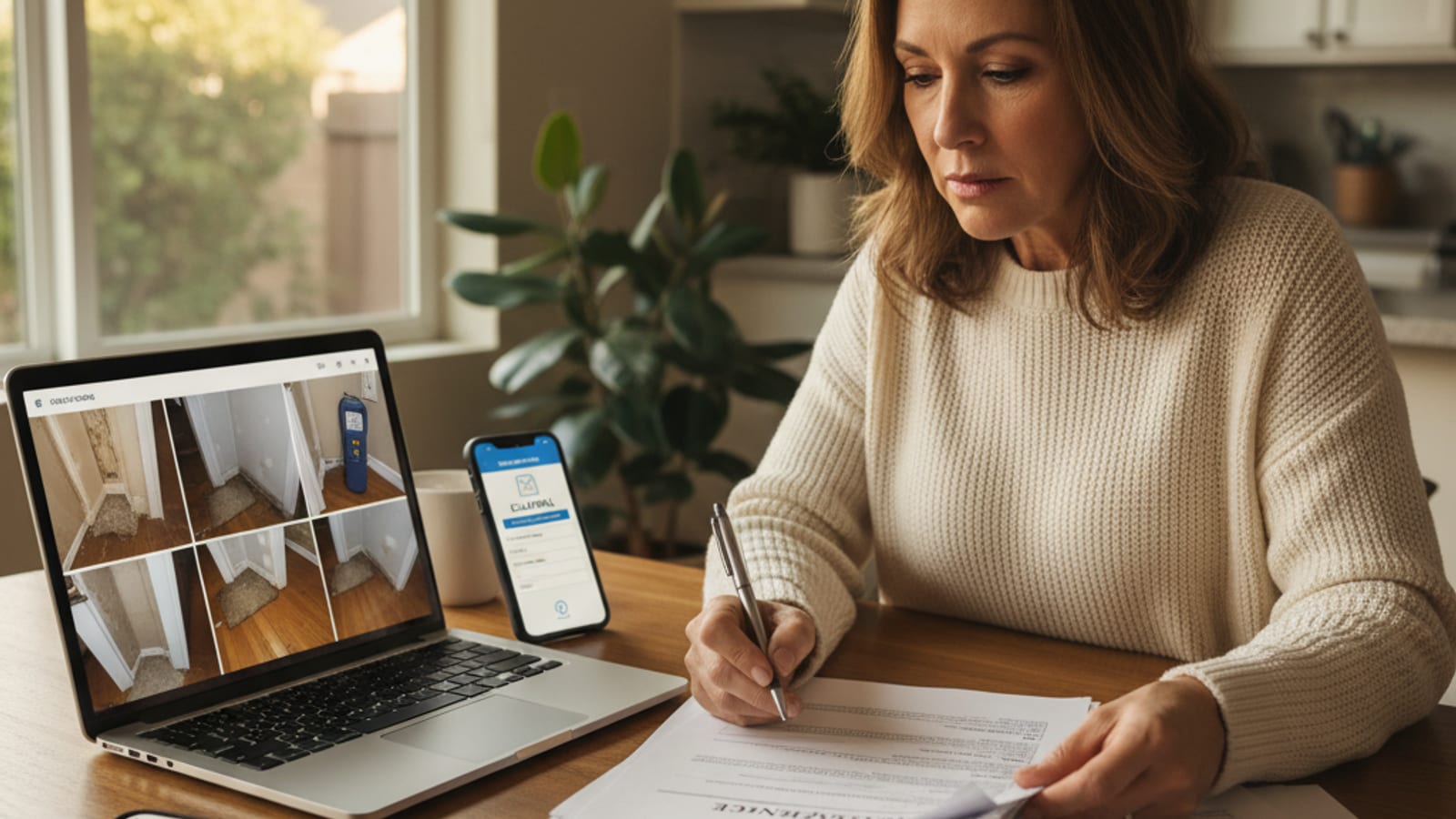San Diego homeowner reviewing insurance documents and water damage photos at a kitchen table with a laptop