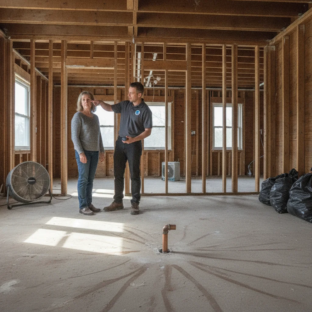 Restoration professional explaining a dried interior to a homeowner