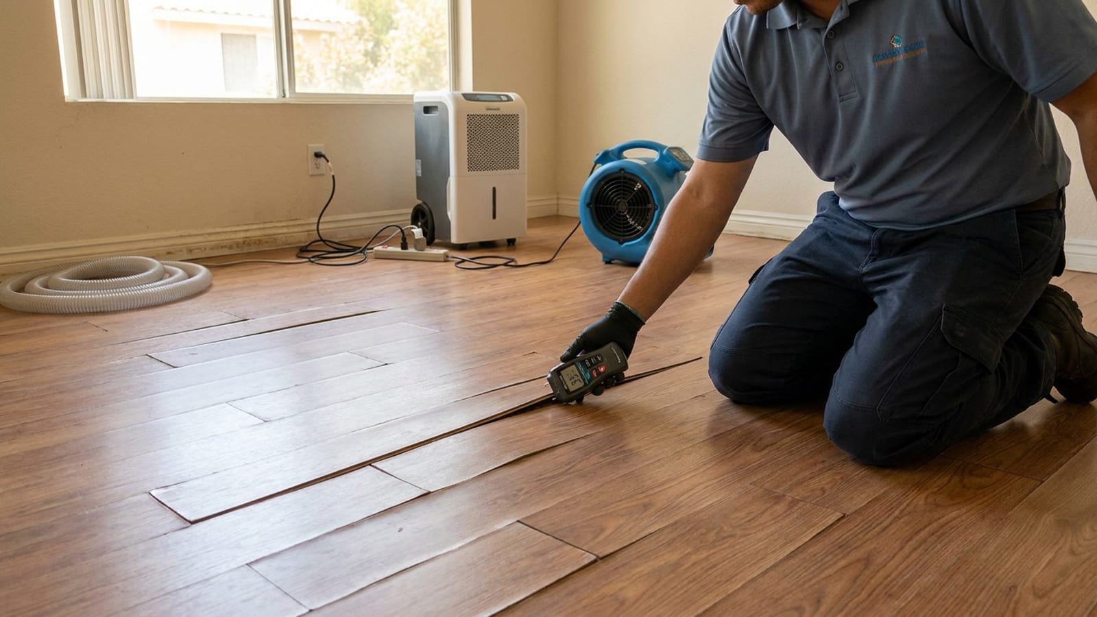 Buckled and swollen laminate flooring planks lifting at the seams after water exposure in a San Diego home, with a moisture meter in frame