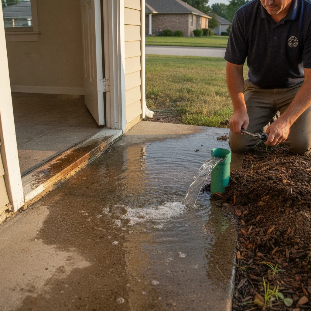 Water pooling at a home slab and doorway after an irrigation leak