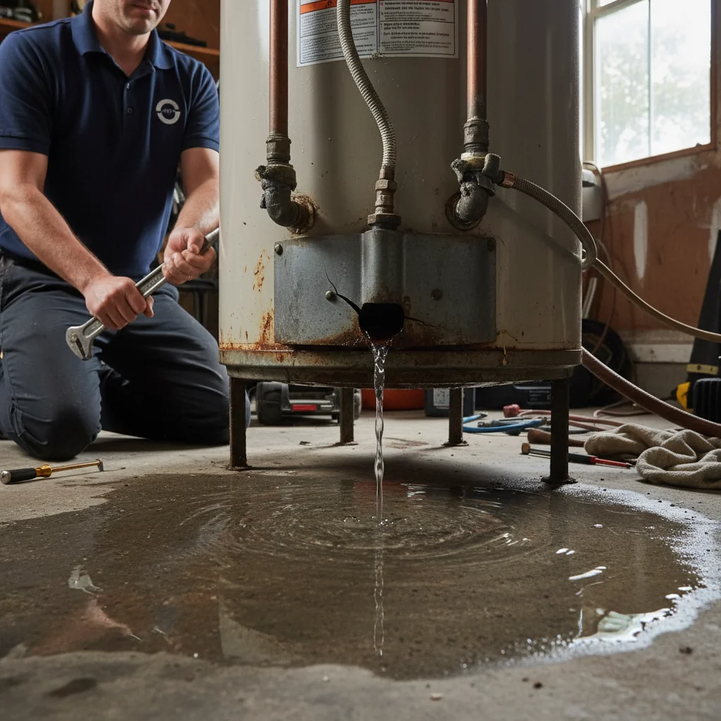 A view from the floor looking up at the bottom of a leaking residential water heater, with a significant puddle of water on the garage floor.