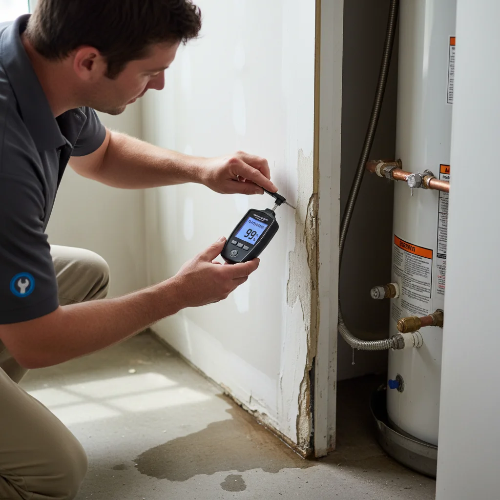 A moisture meter being used on the drywall next to a water heater closet to show