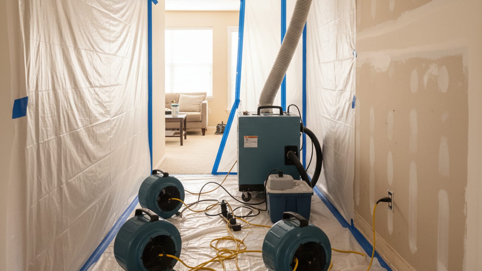 Air movers and a dehumidifier set up to dry a wet hallway after a residential water leak in a San Diego home