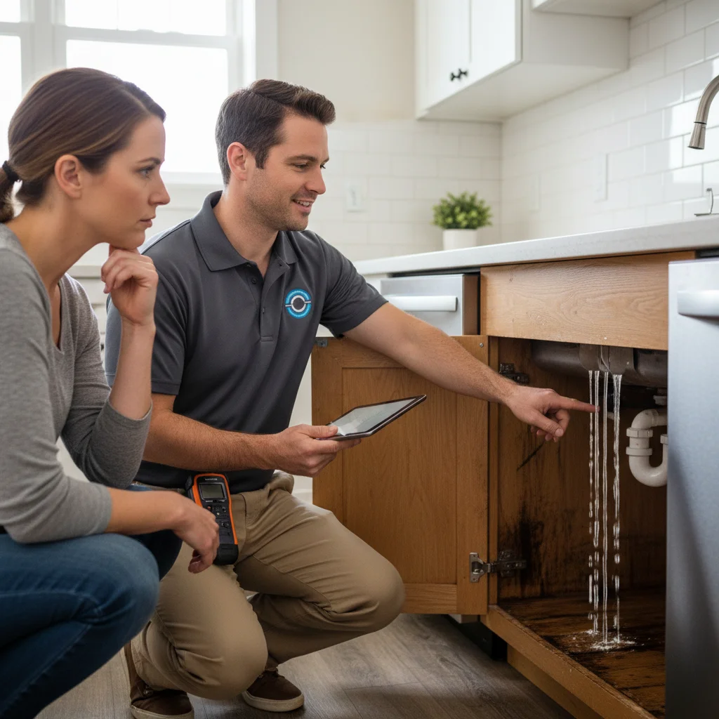A friendly estimator with a tablet and moisture meter talking to a homeowner in their kitchen, pointing towards a discolored area under the sink.