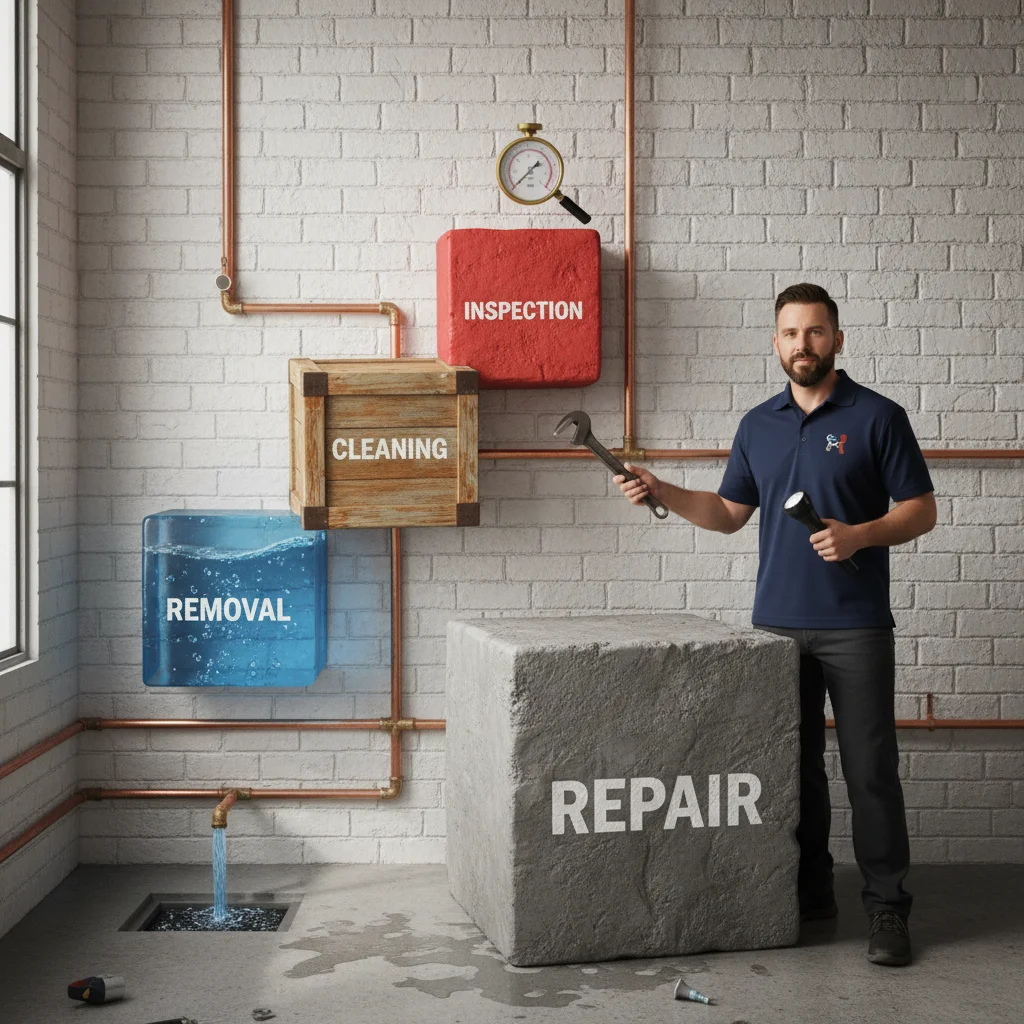 An infographic showing the cost breakdown: Inspection, Containment, Removal, Cleaning, and Repair as different-sized blocks.
