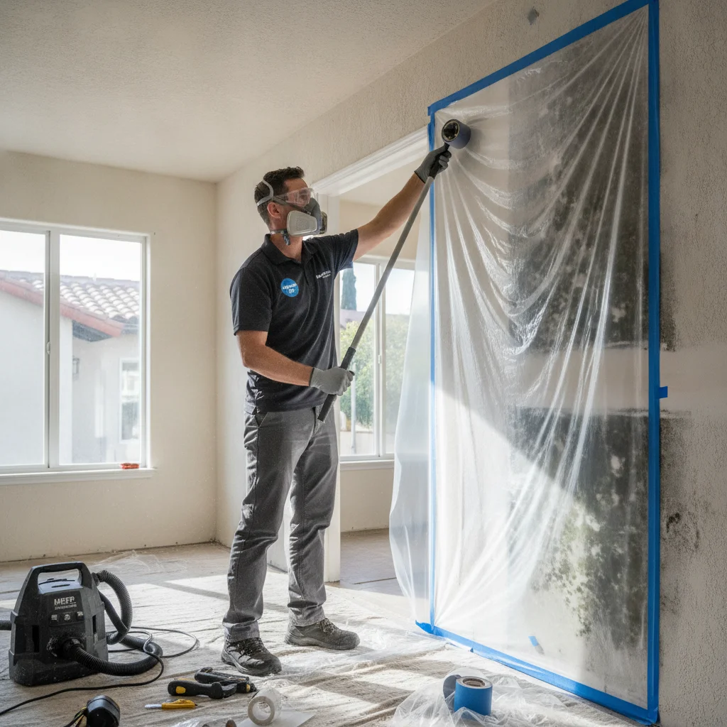 An independent remediation professional setting up containment sheeting around a mold-affected wall in a San Diego home