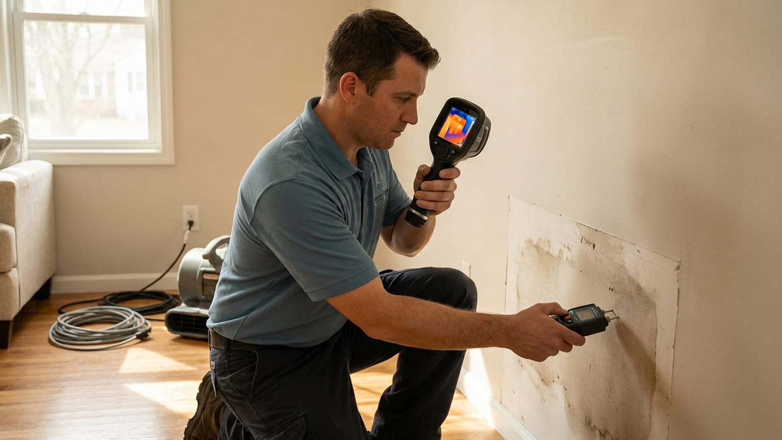 A technician using a moisture meter and thermal camera to trace a musty odor source behind a wall in a San Diego home