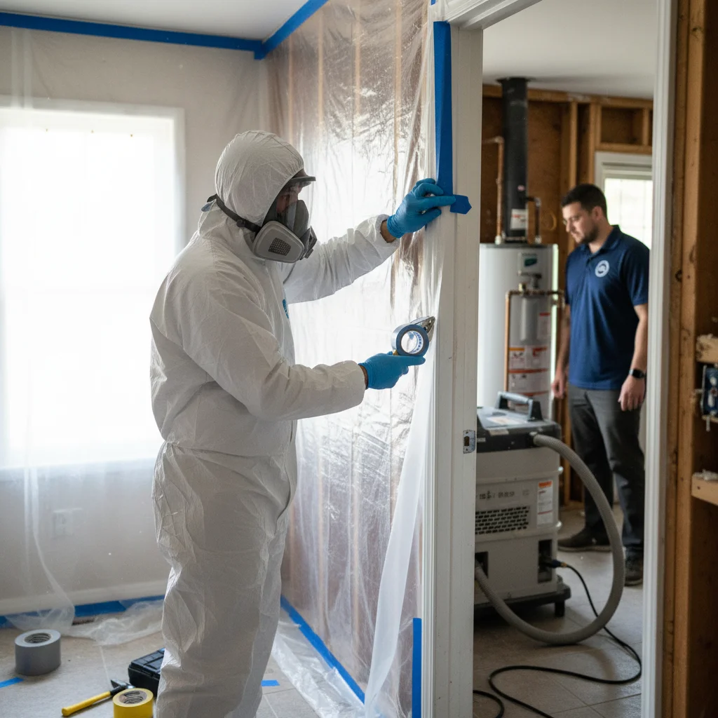 A certified mold remediation technician in full PPE (respirator, white suit) carefully setting up a plastic containment barrier in a home.