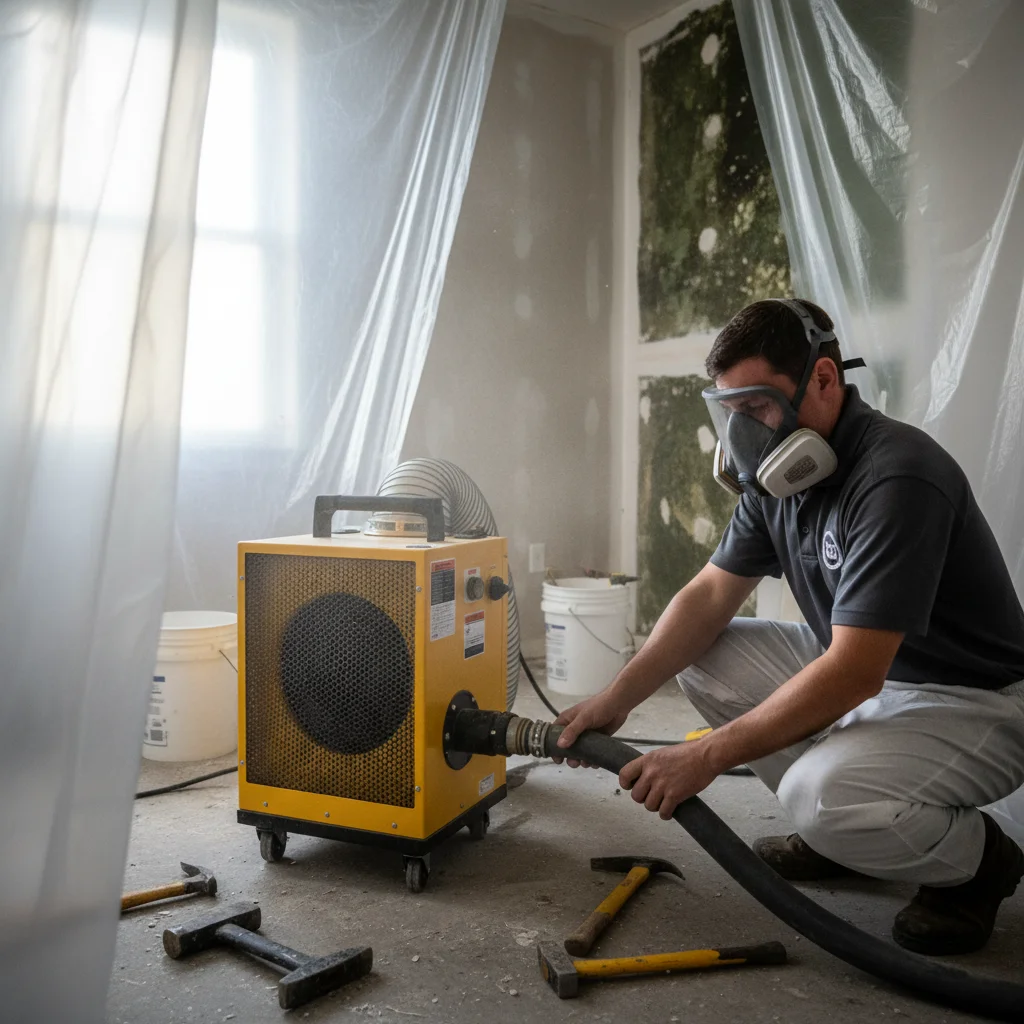 A close-up of a HEPA air scrubber running in a room during a mold remediation job.