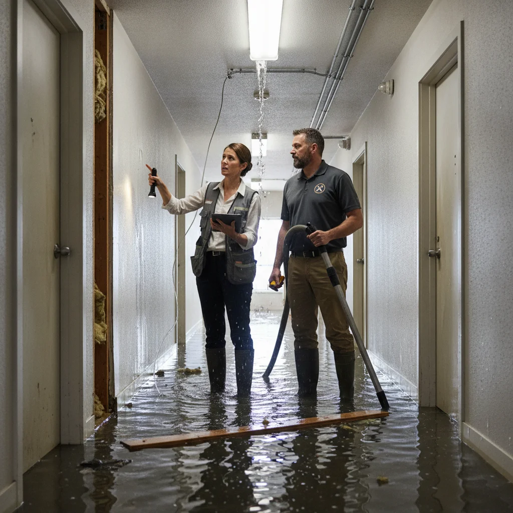 Property manager inspecting a flooded apartment hallway with a restoration professional