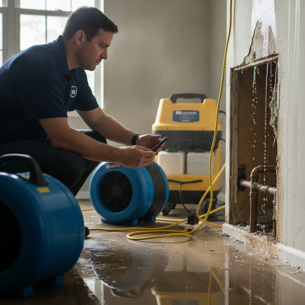 A manager photographing water damage in a rental unit while drying equipment is set up behind them